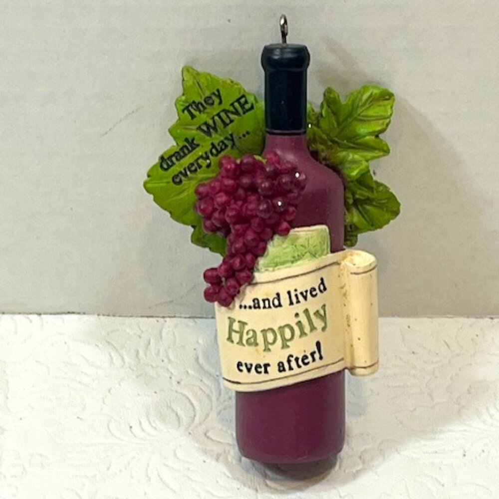 Red Wine Bottle Hanging Ornament Grapes "They drank wine everyday..." 4" Tall